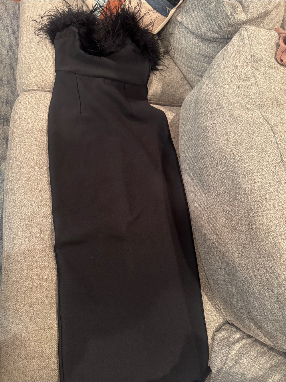 Black Strapless Feather Trim Midi Dress